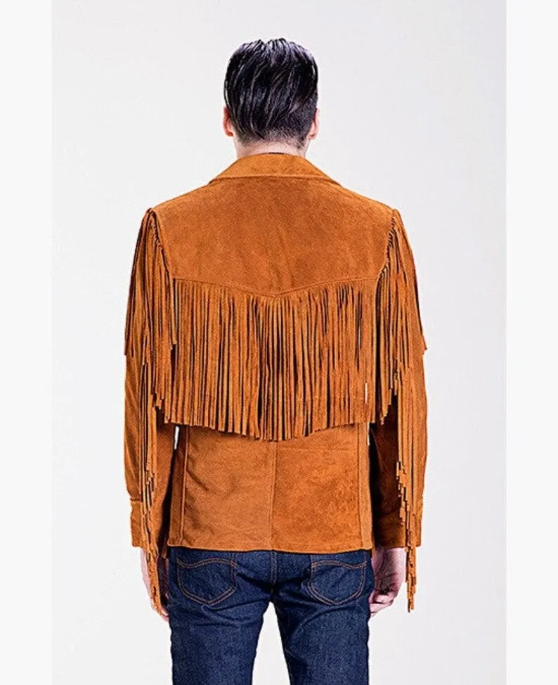 Leather jacket Men's Traditional Native Brown Classic Suede Leather Western Jacket Braided Fringes Country Side Red Indian Western Wear