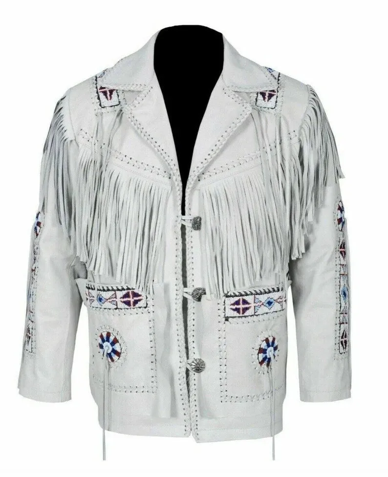 Leather jacket Men's Traditional Native White Classic Leather Western Jacket With Braided Fringes Country Side Red Indian Western