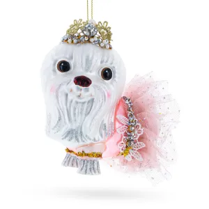 Lovable Bolonka Dog With Crown - Blown Glass Christmas Ornament