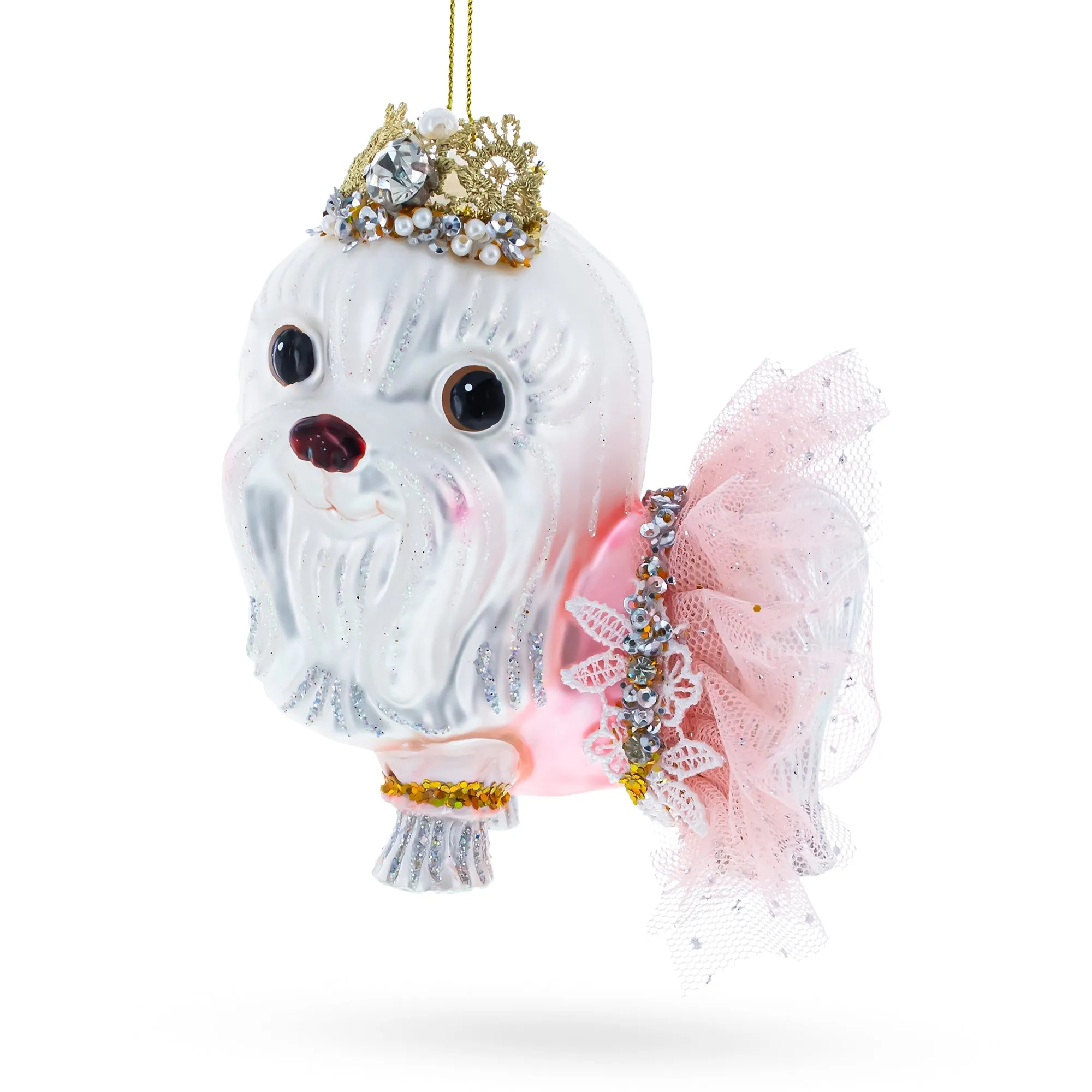 Lovable Bolonka Dog With Crown - Blown Glass Christmas Ornament