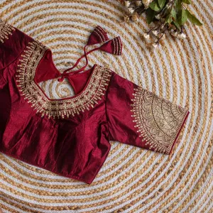 Maroon Luxurious Lucknowi Silk Blouse with Golden Embroidery and Sequins