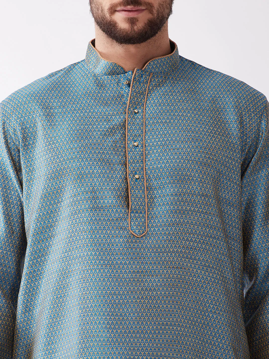 Men's Aqua Blue And Rose Gold Silk Blend Kurta And Dhoti Set - Vastramay