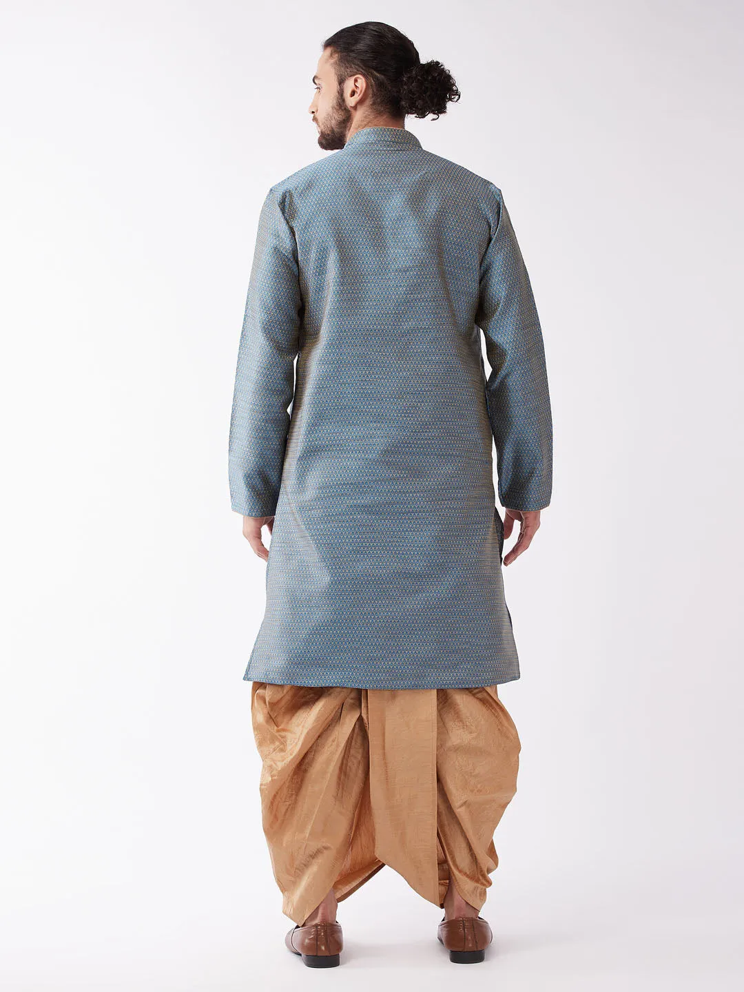 Men's Aqua Blue And Rose Gold Silk Blend Kurta And Dhoti Set - Vastramay