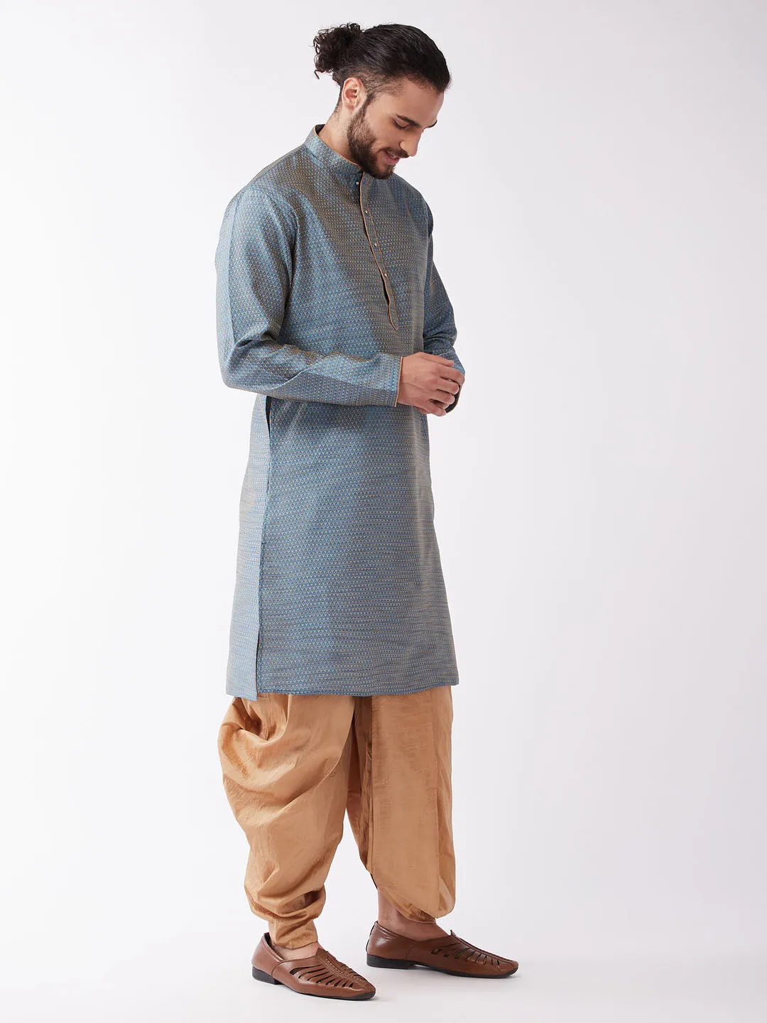 Men's Aqua Blue And Rose Gold Silk Blend Kurta And Dhoti Set - Vastramay