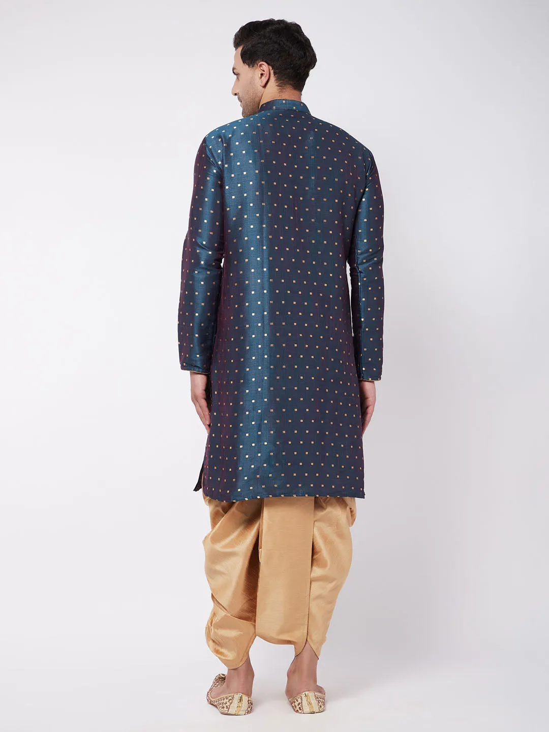 Men's Blue And Rose Gold Silk Blend Kurta And Dhoti Set - Vastramay