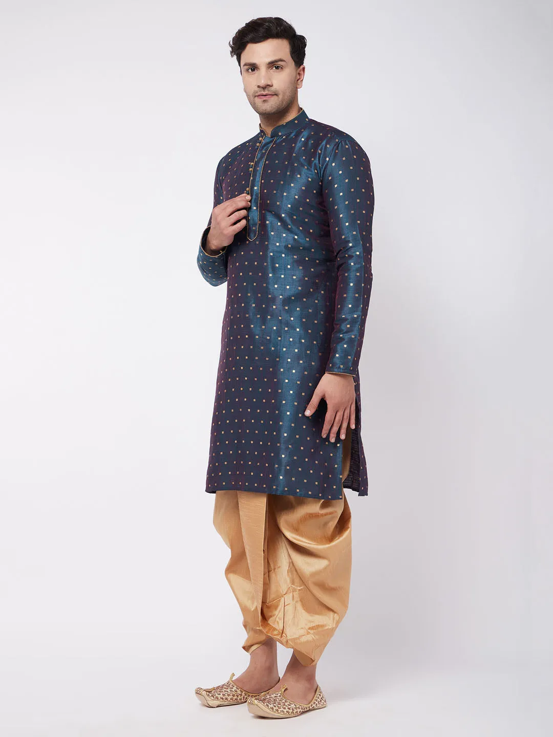 Men's Blue And Rose Gold Silk Blend Kurta And Dhoti Set - Vastramay