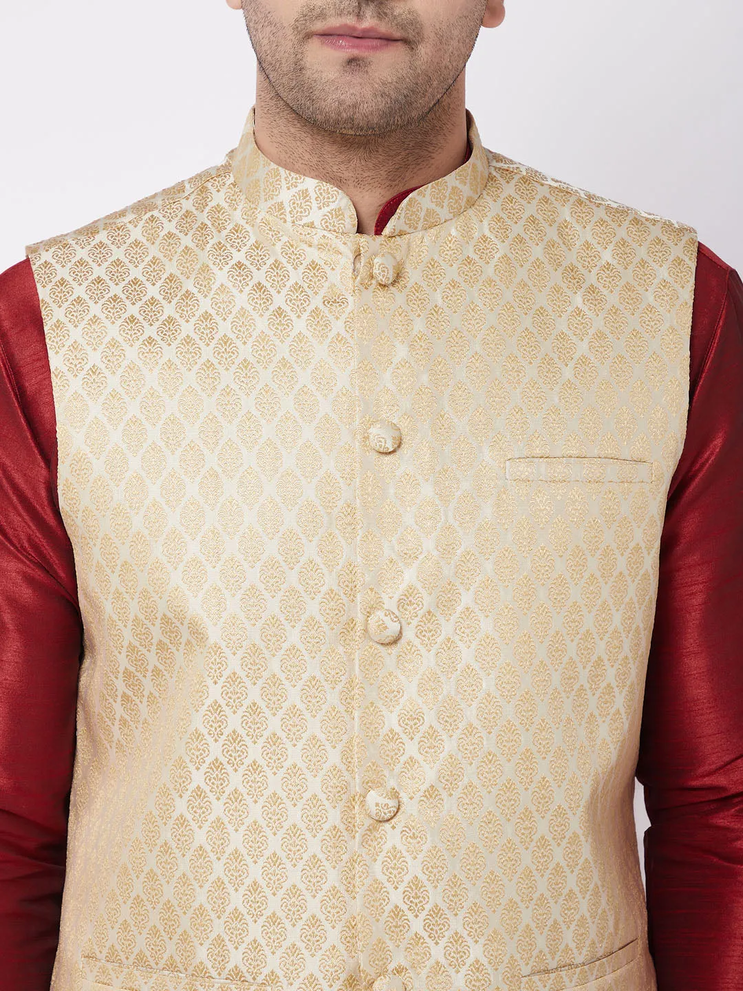 Men's Cream And Maroon Silk Blend Jacket, Kurta And Dhoti Set - Vastramay