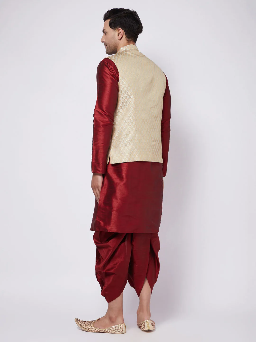 Men's Cream And Maroon Silk Blend Jacket, Kurta And Dhoti Set - Vastramay