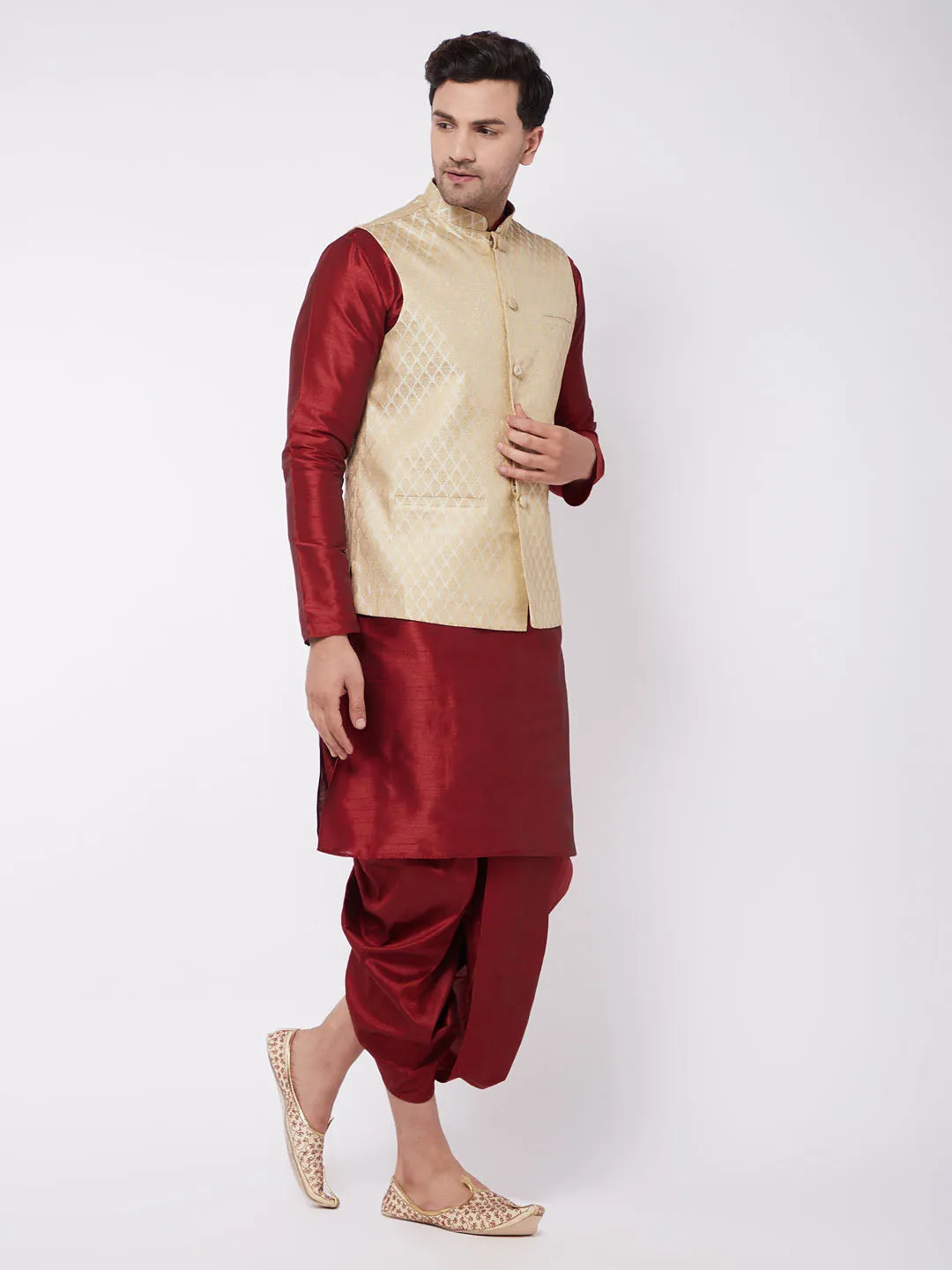 Men's Cream And Maroon Silk Blend Jacket, Kurta And Dhoti Set - Vastramay