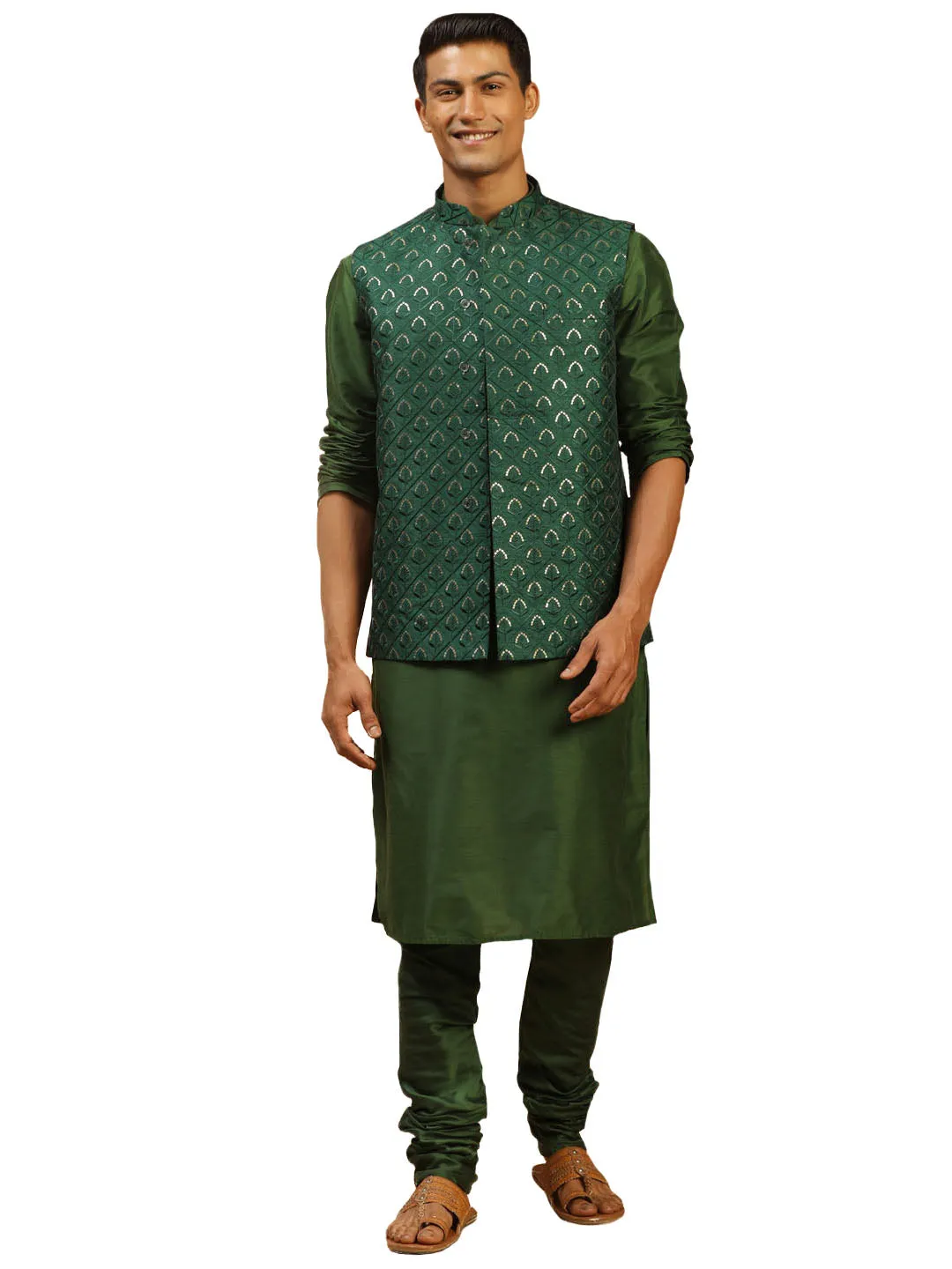 Men's Green Silk Blend Jacket, Kurta & Pyjama - Shrestha By Vastramay