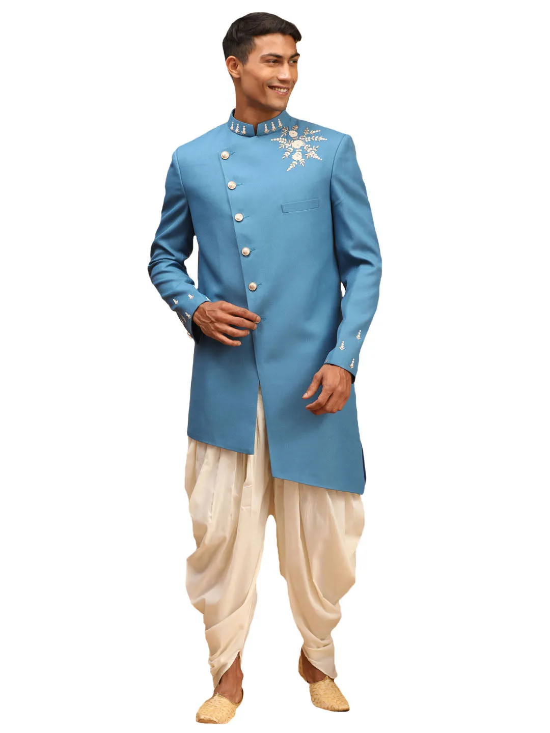 Men's Turquoise And Cream Silk Sherwani Set - Shrestha By Vastramay