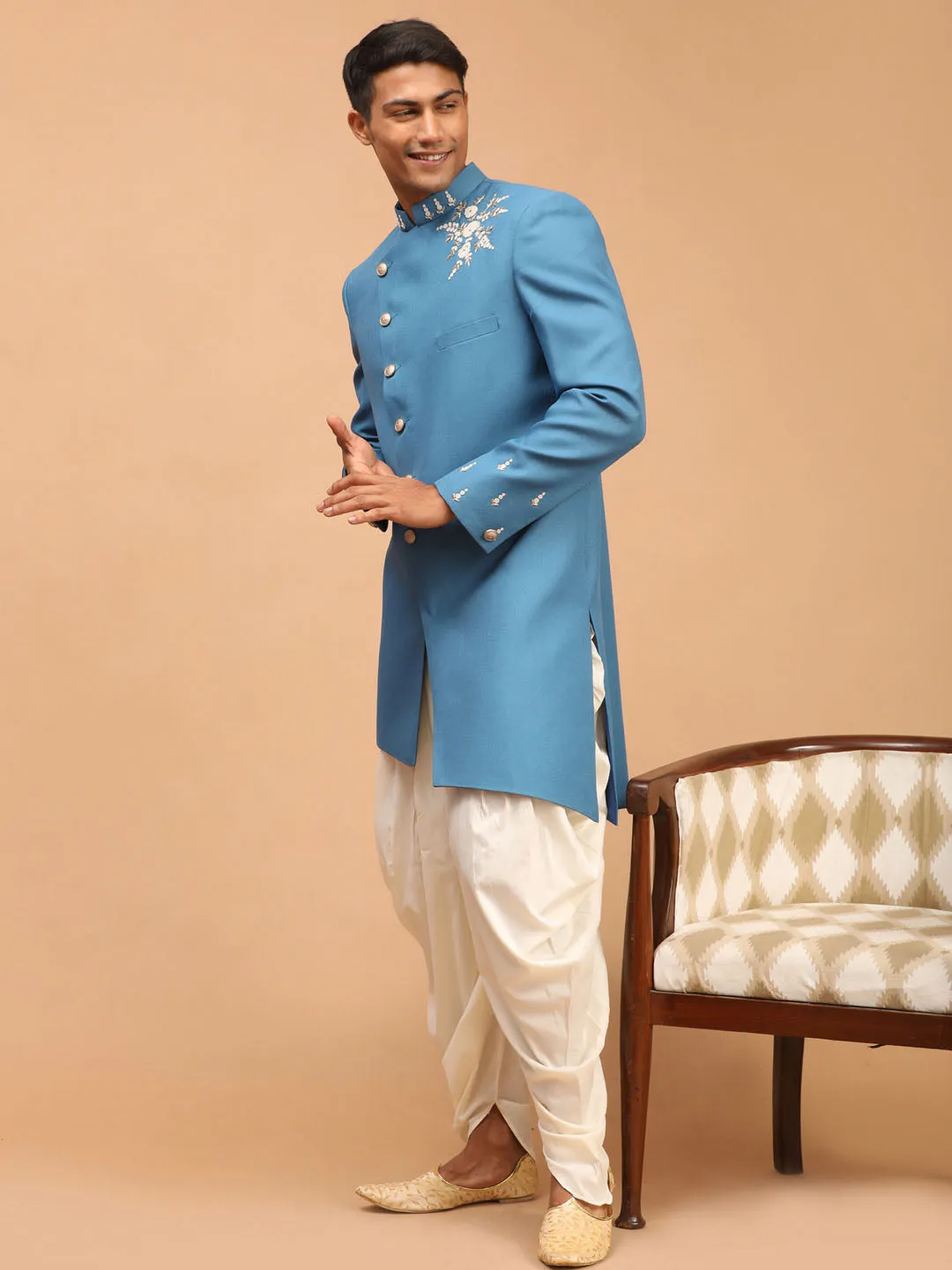 Men's Turquoise And Cream Silk Sherwani Set - Shrestha By Vastramay