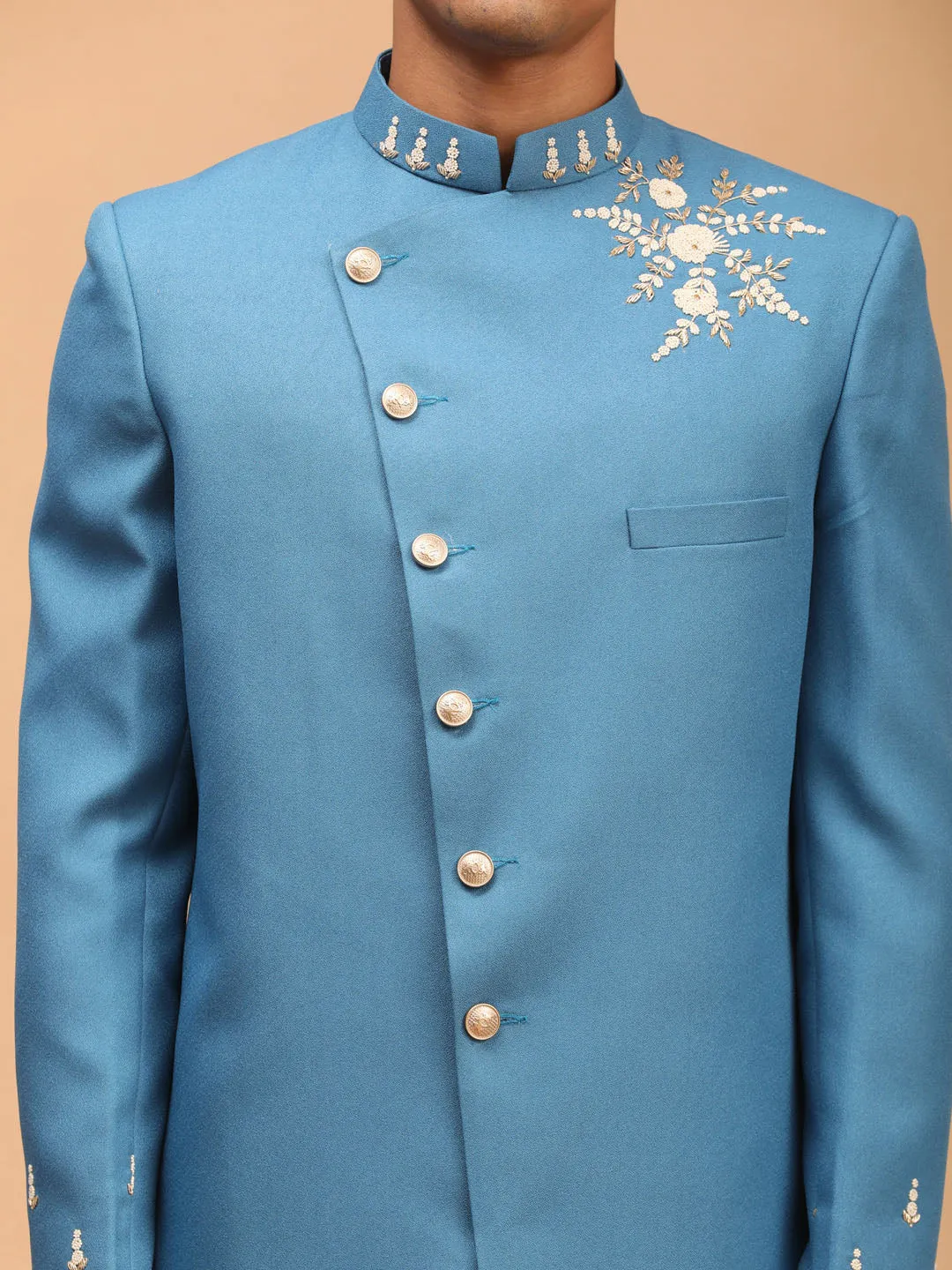 Men's Turquoise And Cream Silk Sherwani Set - Shrestha By Vastramay