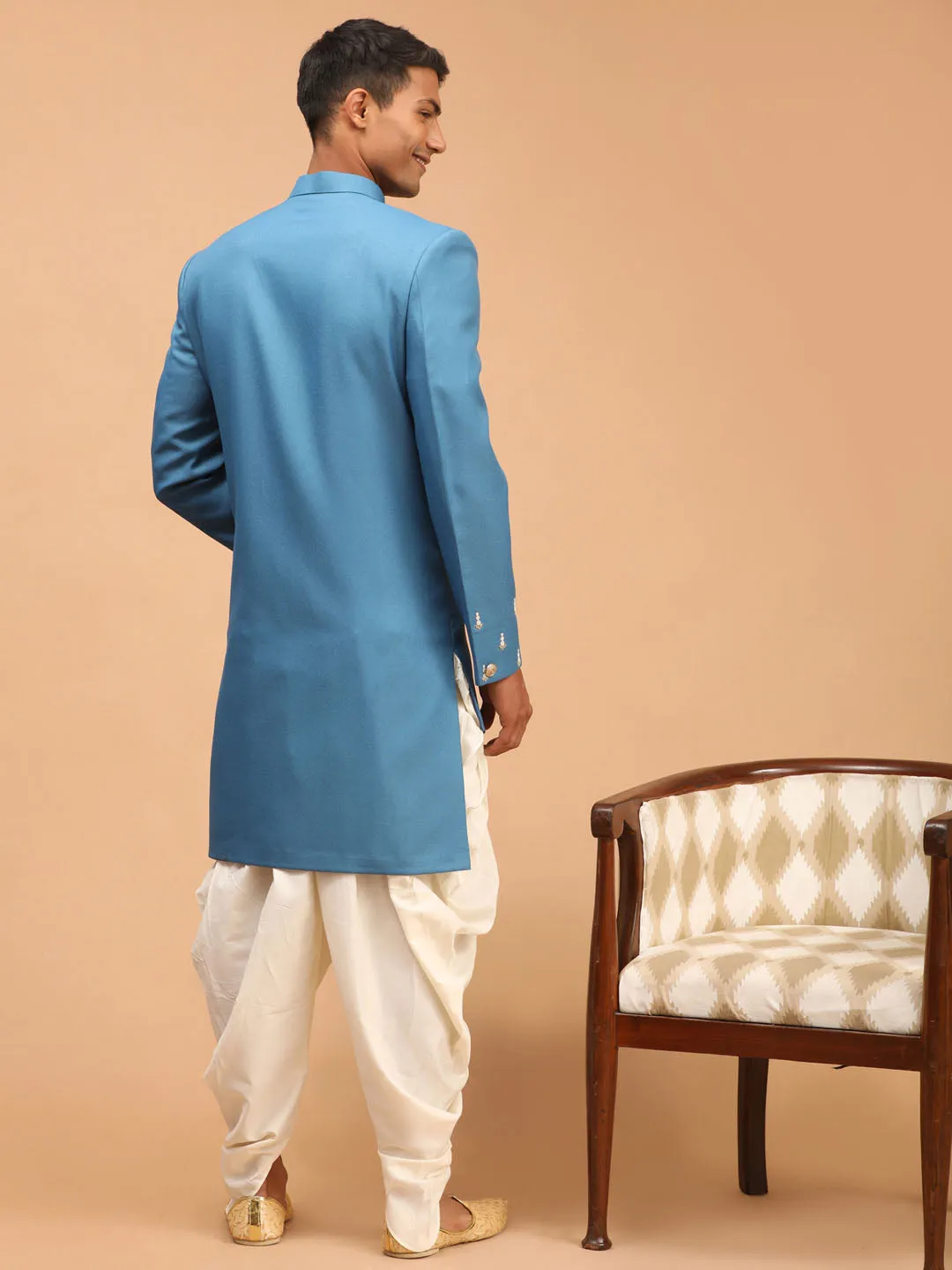 Men's Turquoise And Cream Silk Sherwani Set - Shrestha By Vastramay