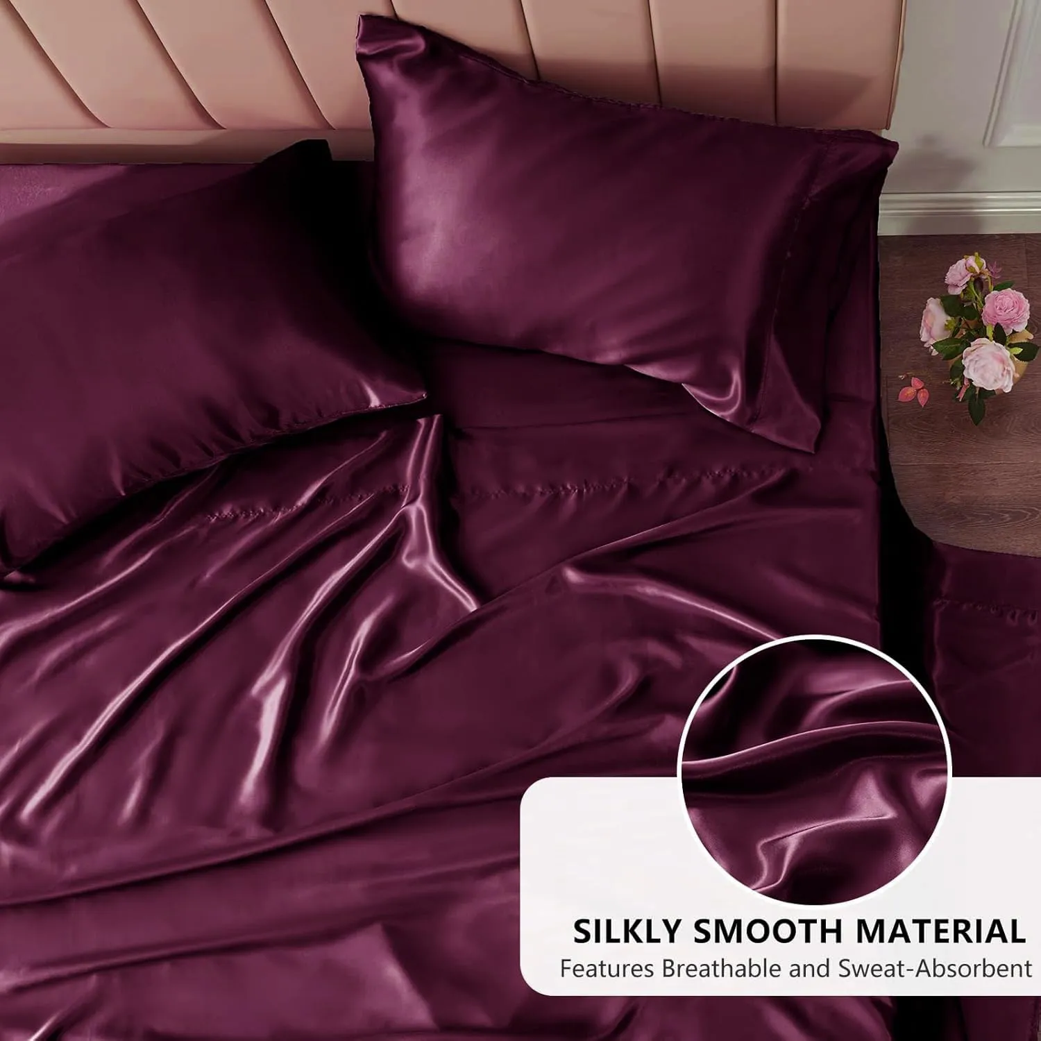 Mush 400TC Luxurious Satin Silk King Size Flat Sheet with 2 Pillow Covers - Silky Soft, Skin-Friendly, Breathable, Durable Premium Bedding | 108 X 108 Inches (Ruby Red, King Flat)