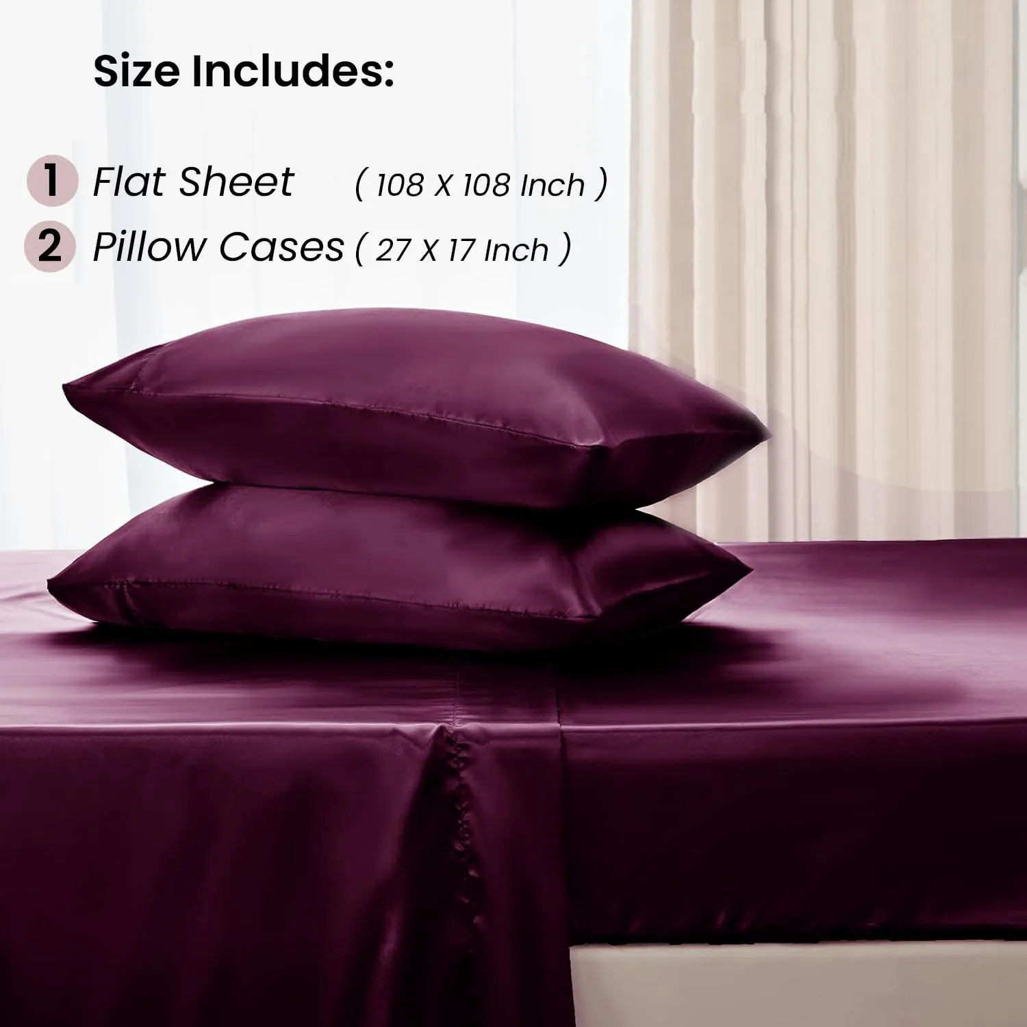 Mush 400TC Luxurious Satin Silk King Size Flat Sheet with 2 Pillow Covers - Silky Soft, Skin-Friendly, Breathable, Durable Premium Bedding | 108 X 108 Inches (Ruby Red, King Flat)