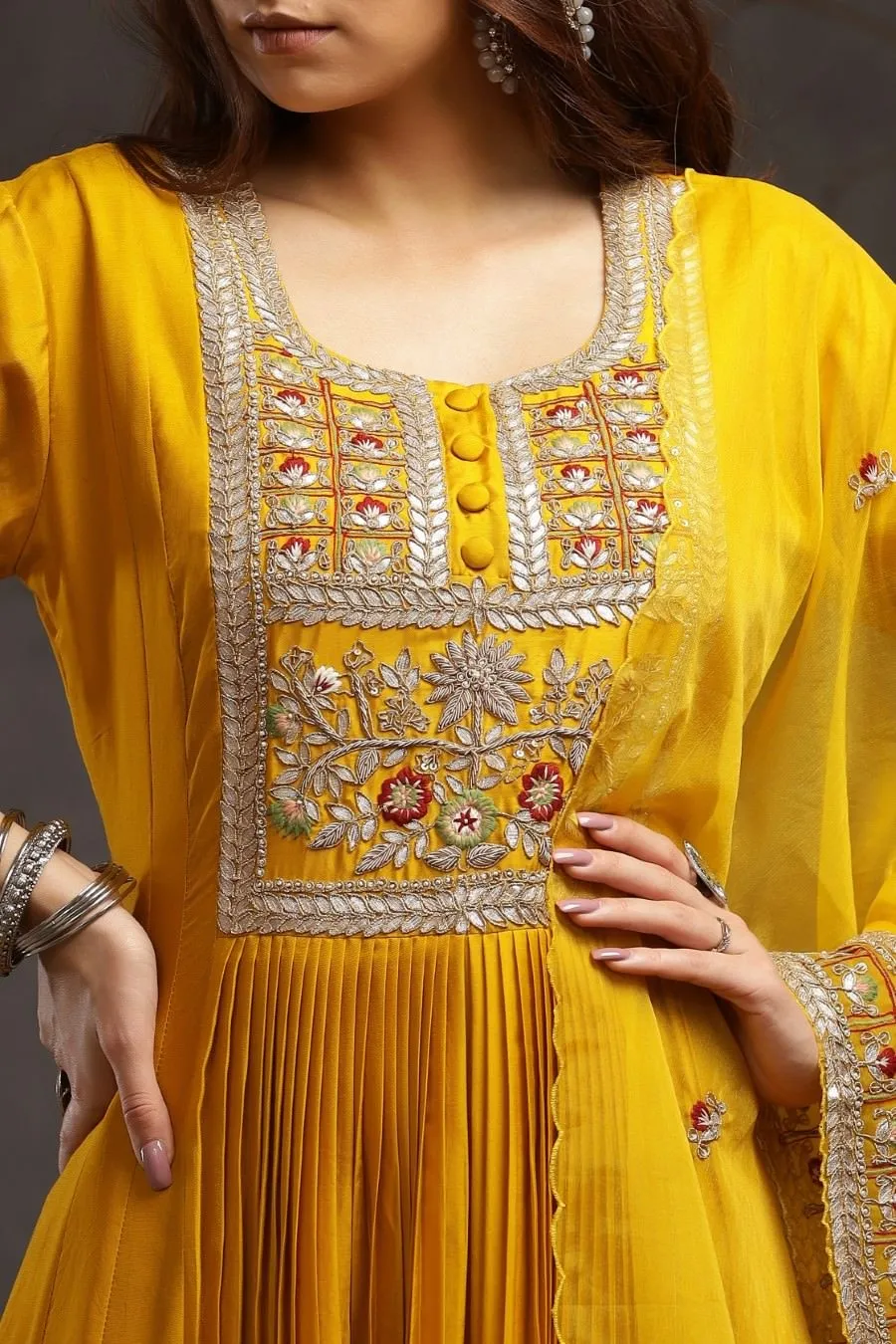 Mustard Modal Silk Long Enkle Length Stylish Dress And Dupatta With Embroidery