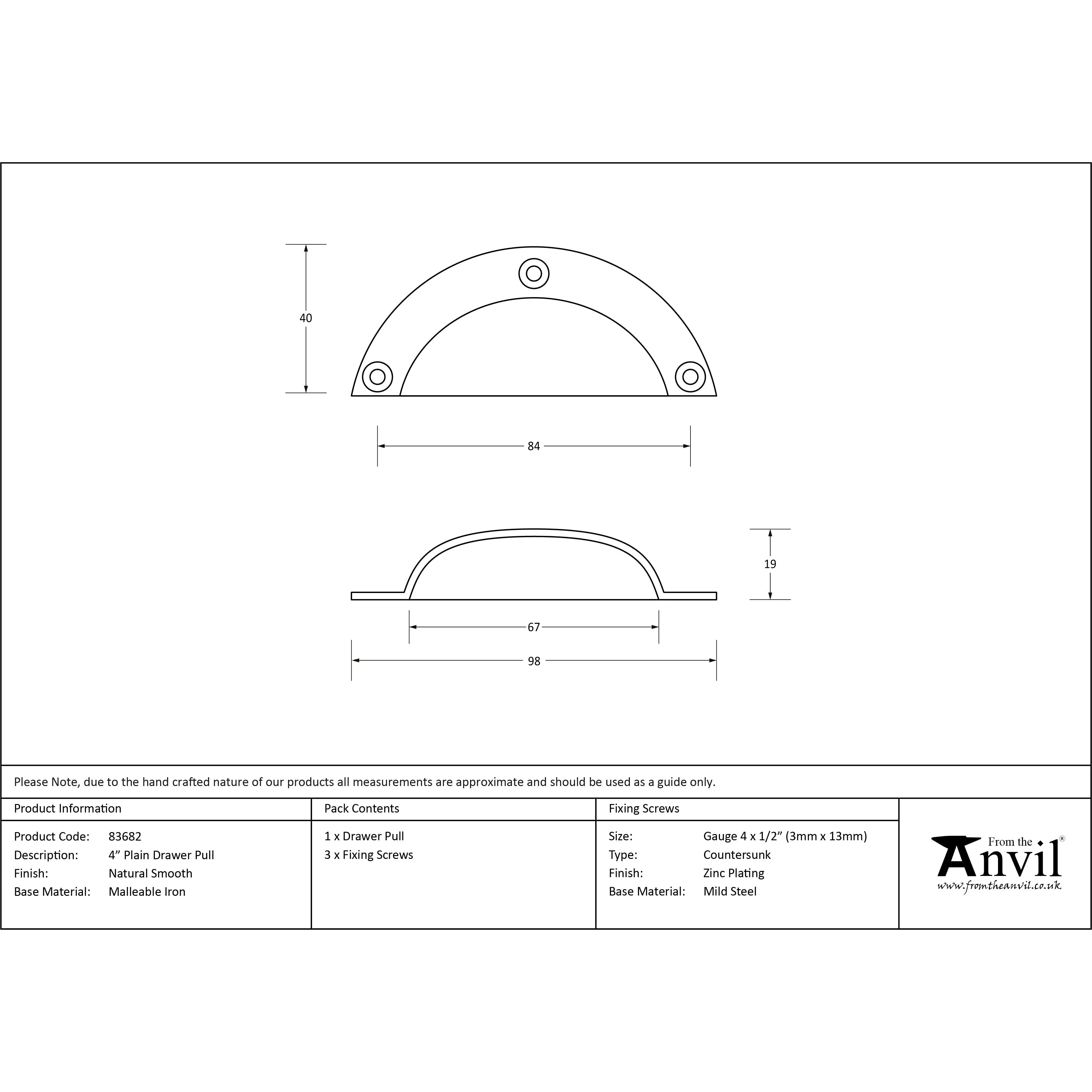 Natural Smooth 4" Plain Drawer Pull | From The Anvil