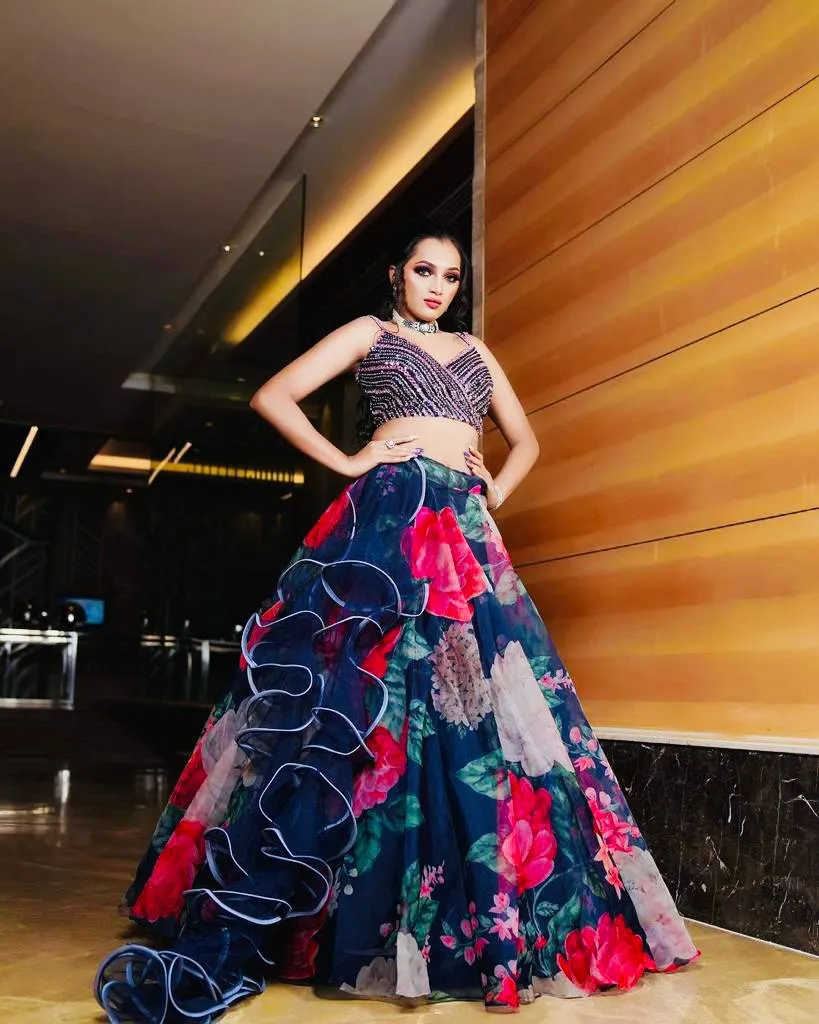 Navy Blue Color Organza Net Printed Lehenga Choli