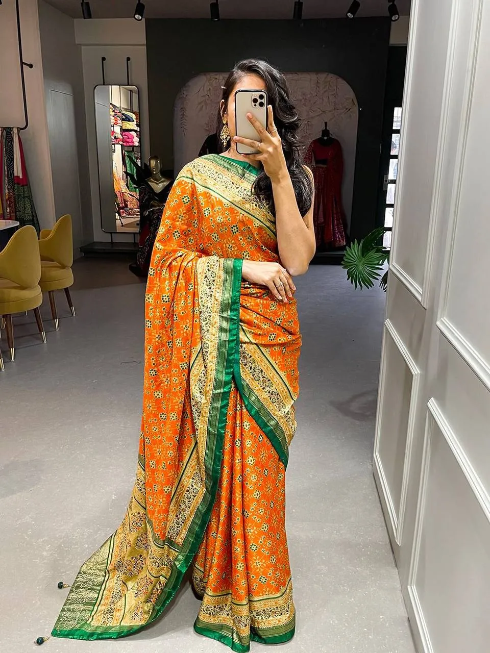 Orange Dola Silk Foil Print Saree