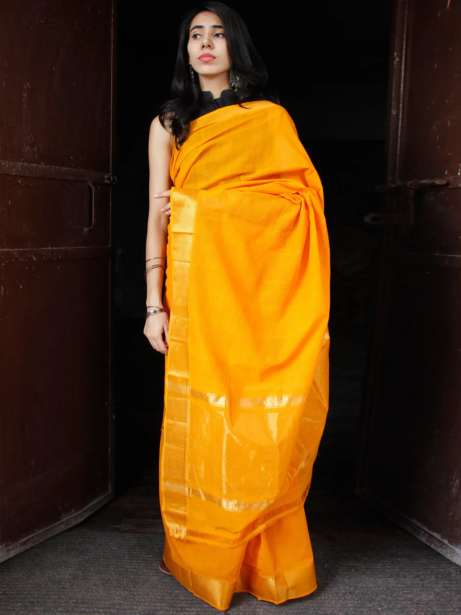 Orange Golden Handloom Mangalagiri Cotton Saree With Zari Border - S031703692