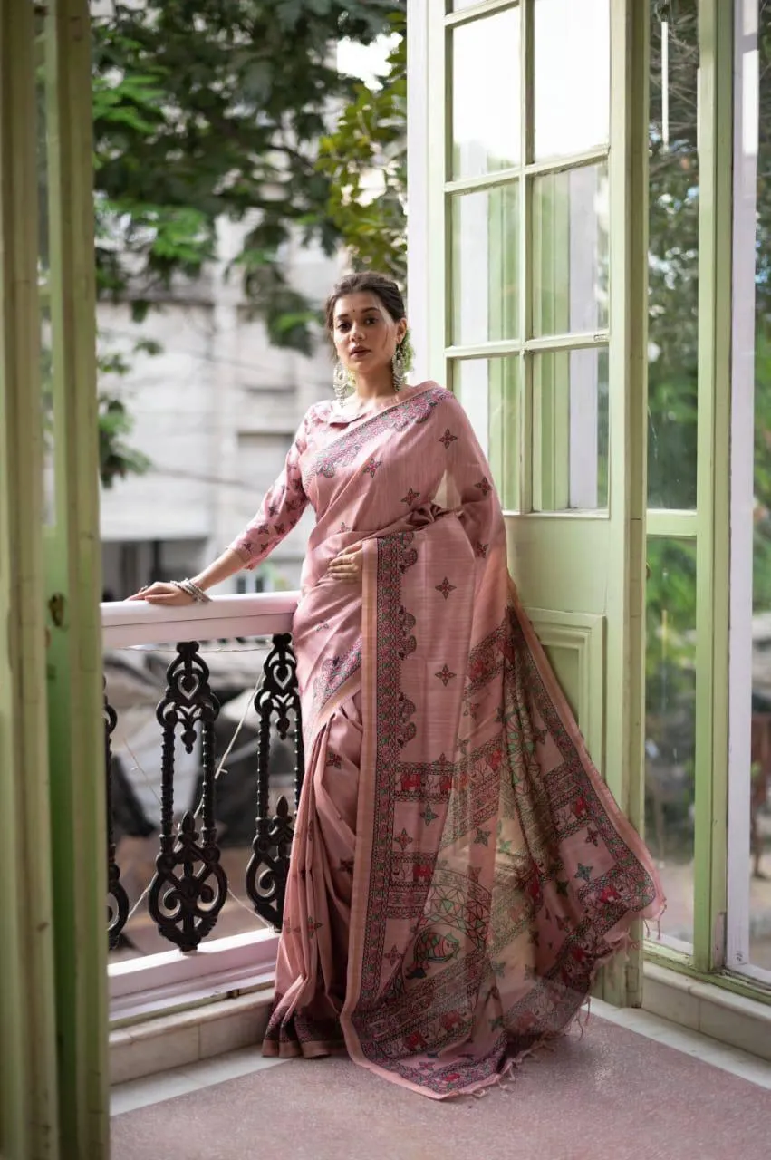 Pastel Pink Madhubani Print Tusser Silk  Saree