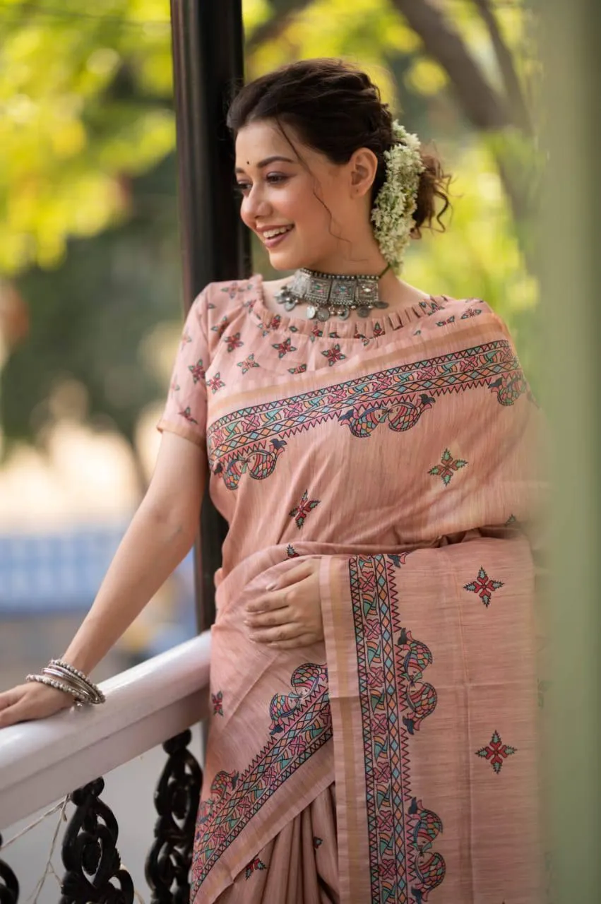 Pastel Pink Madhubani Print Tusser Silk  Saree