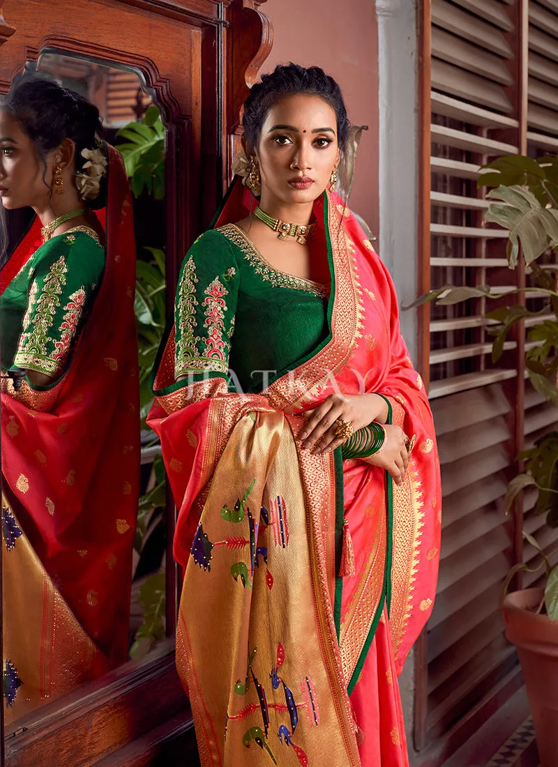 Peach And Green Traditional Embroidered Silk Saree