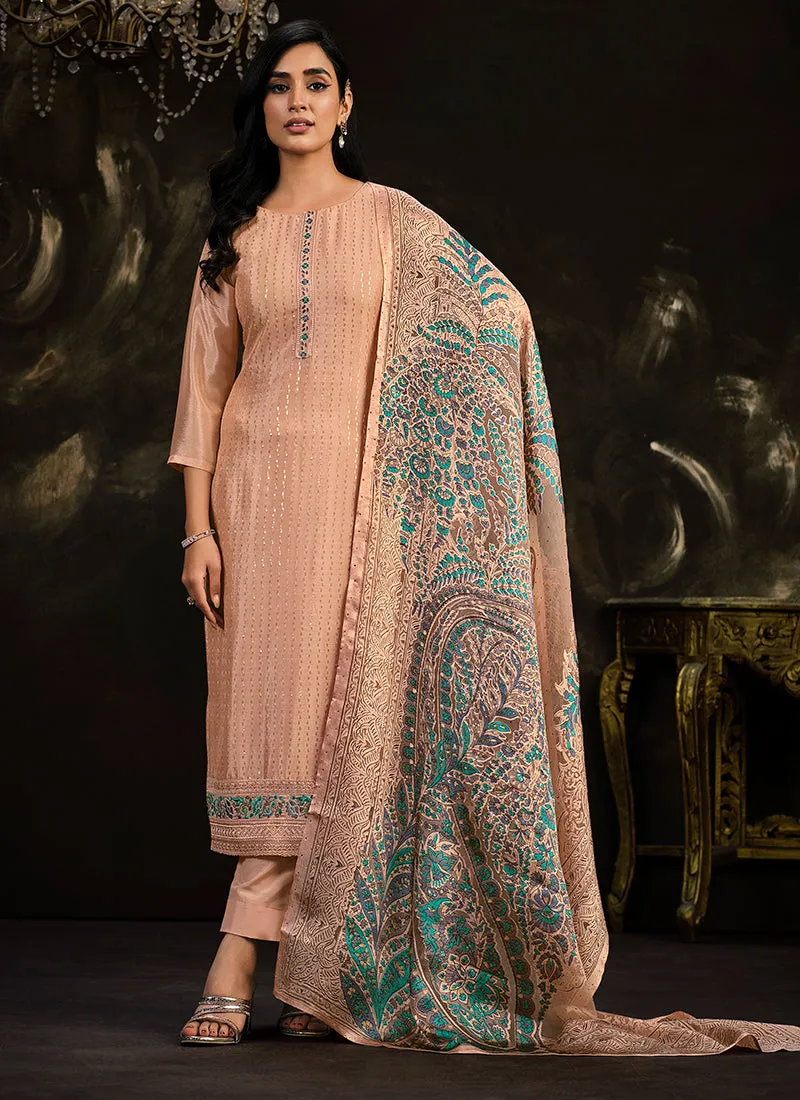 Peach Multi Embroidery Traditional Silk Salwar Suit