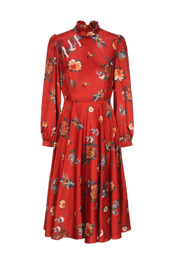 Peony Print Regal Dress Red