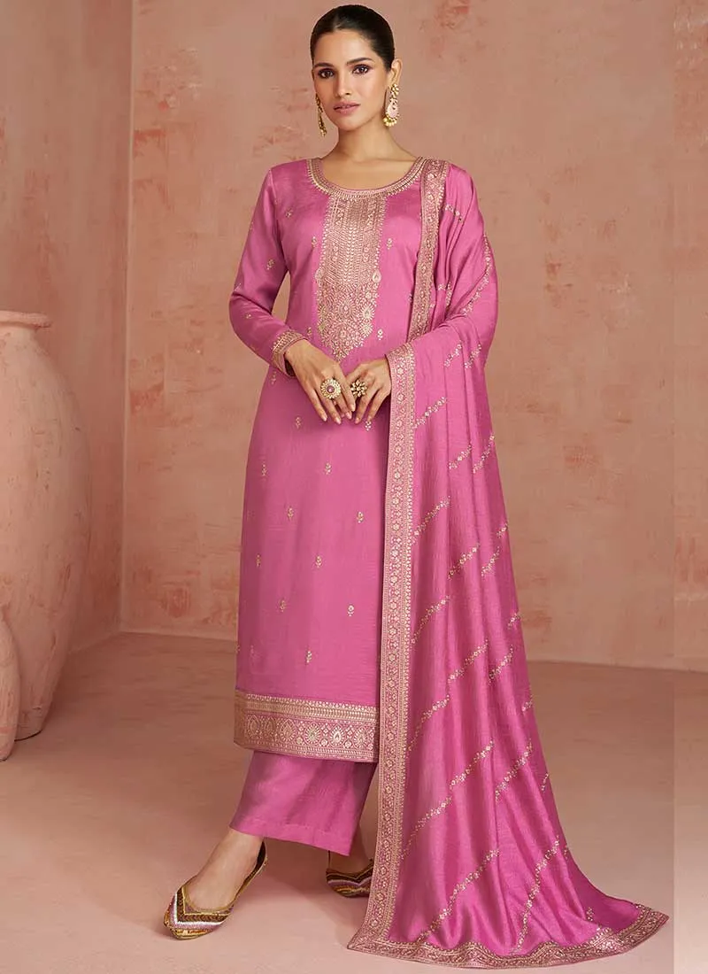 Pink Sequence Embroidery Wedding Palazzo Suit