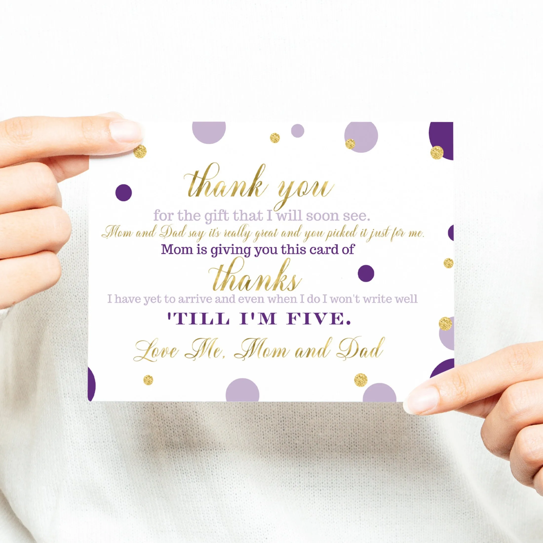 Purple and Gold Girls Baby Shower Thank You Cards - 15 Pack Elegant Notecards, 4x6