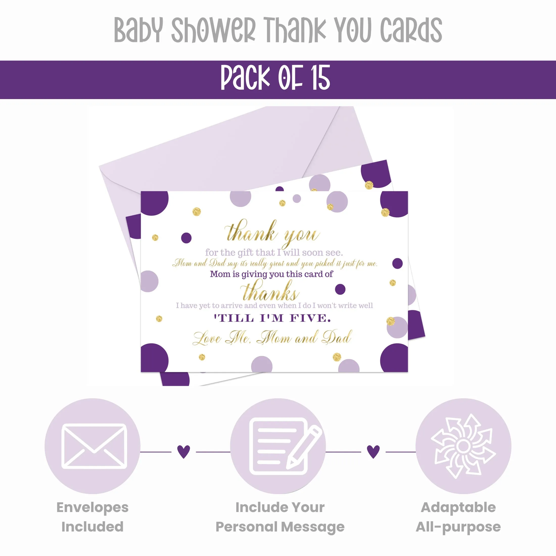 Purple and Gold Girls Baby Shower Thank You Cards - 15 Pack Elegant Notecards, 4x6