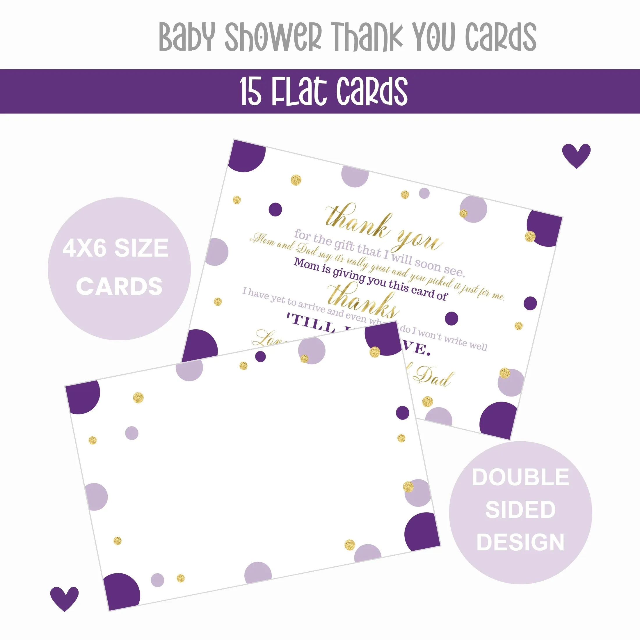 Purple and Gold Girls Baby Shower Thank You Cards - 15 Pack Elegant Notecards, 4x6