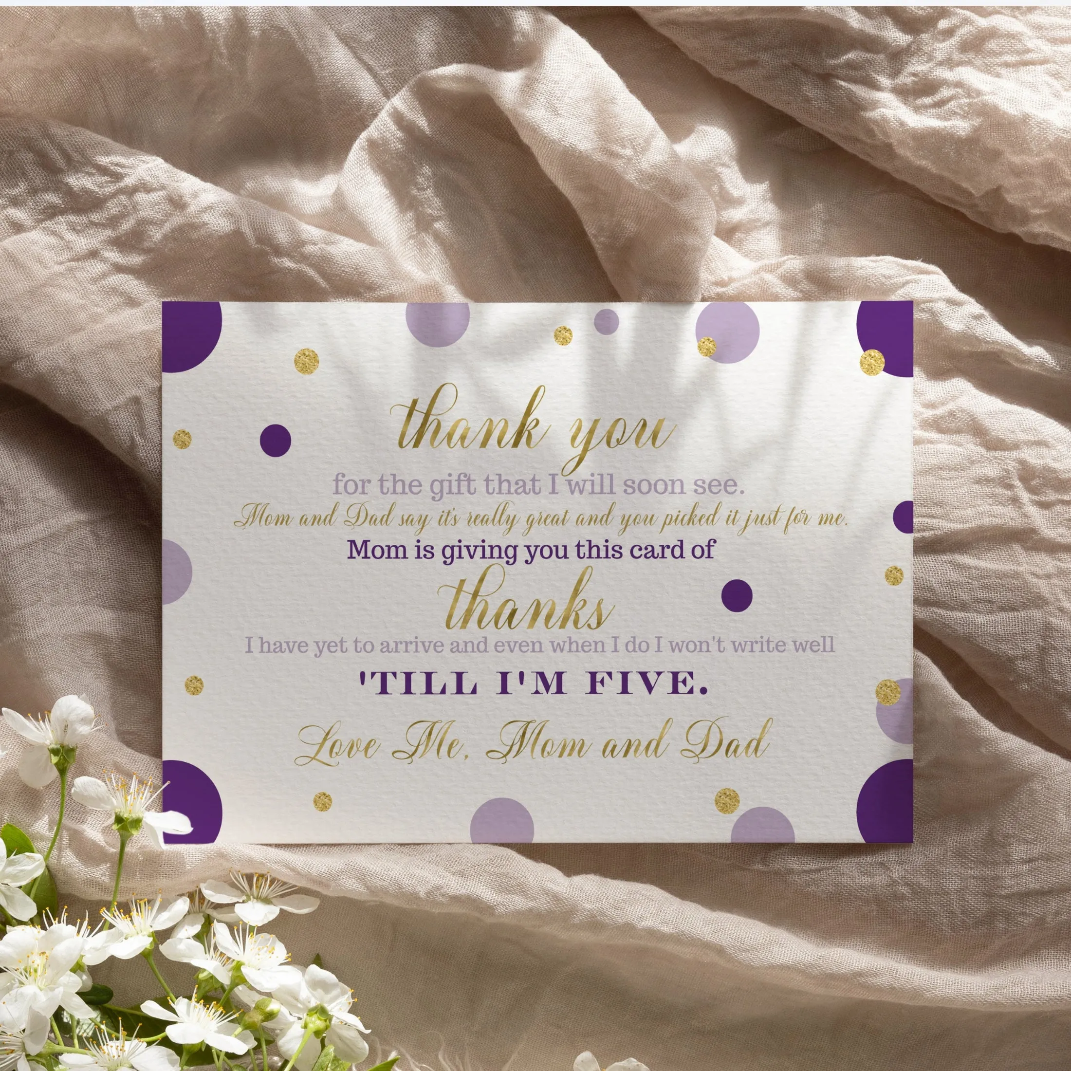 Purple and Gold Girls Baby Shower Thank You Cards - 15 Pack Elegant Notecards, 4x6