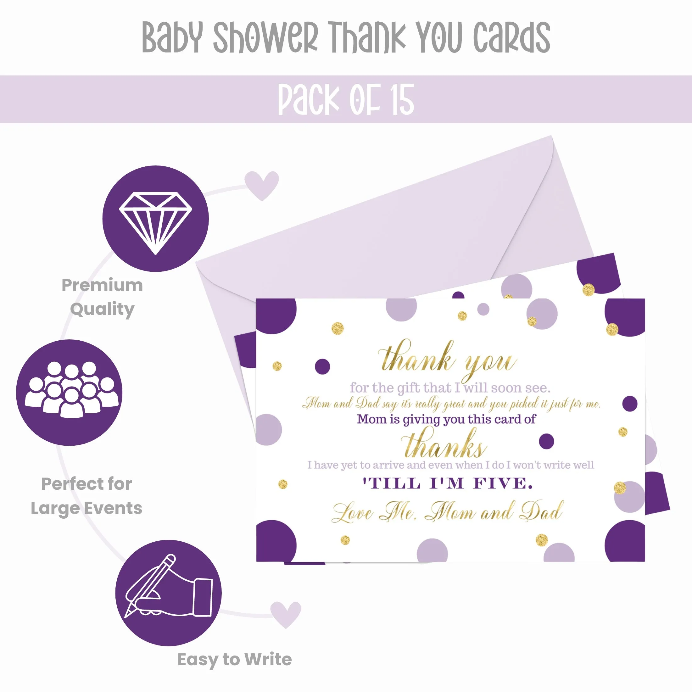 Purple and Gold Girls Baby Shower Thank You Cards - 15 Pack Elegant Notecards, 4x6