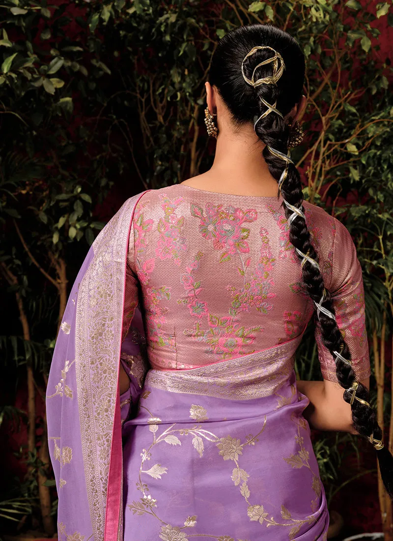 Purple And Pink Floral Viscose Silk Saree