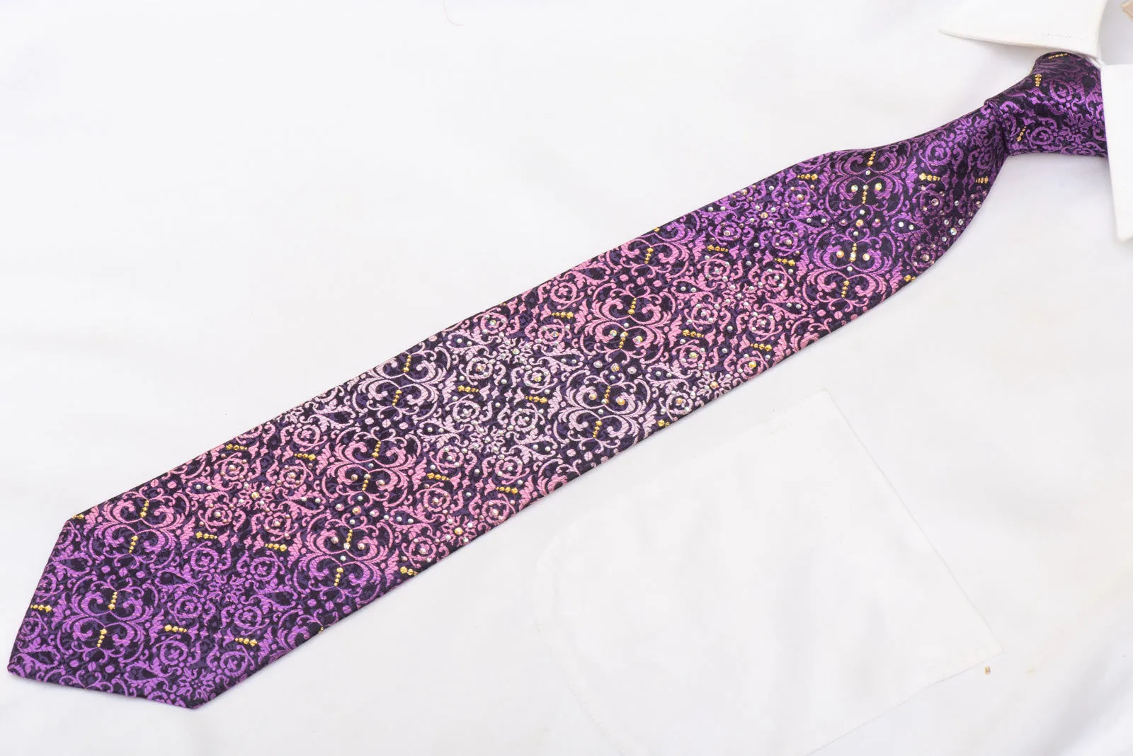 Purple Damask On Navy Blue Rhinestone Tie With Gold Sparkles