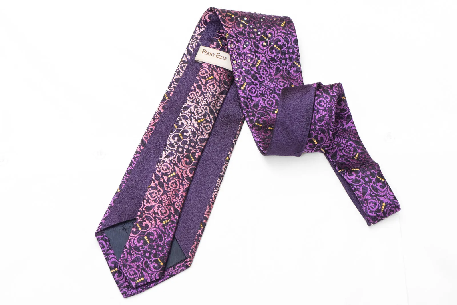 Purple Damask On Navy Blue Rhinestone Tie With Gold Sparkles