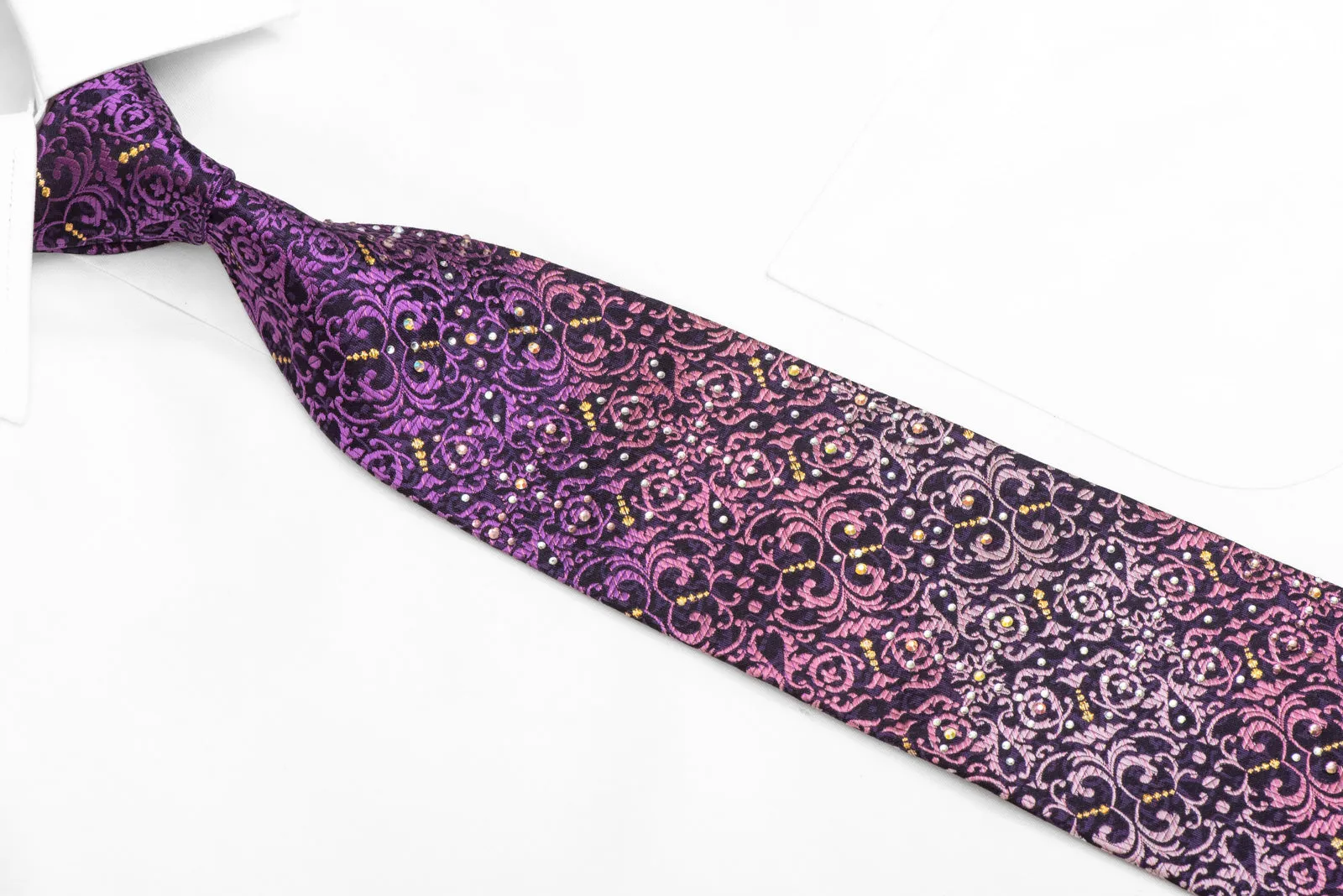 Purple Damask On Navy Blue Rhinestone Tie With Gold Sparkles