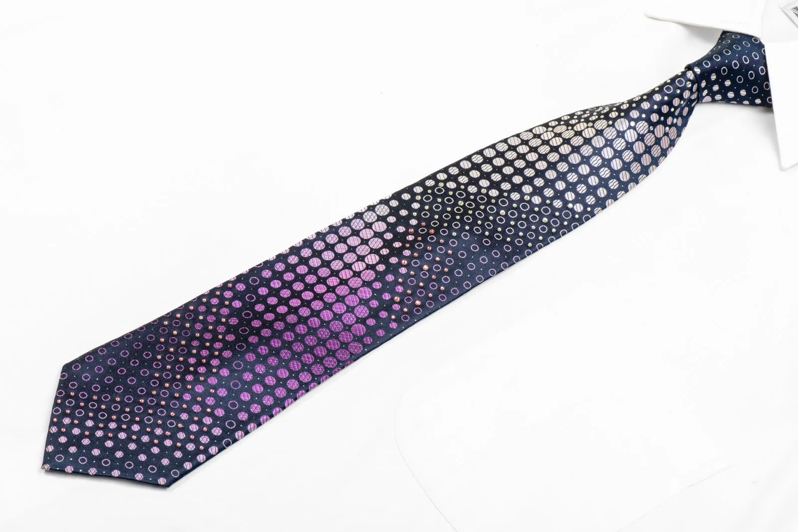 Purple Geometric On Navy Rhinestone Silk Necktie With Silver Sparkles