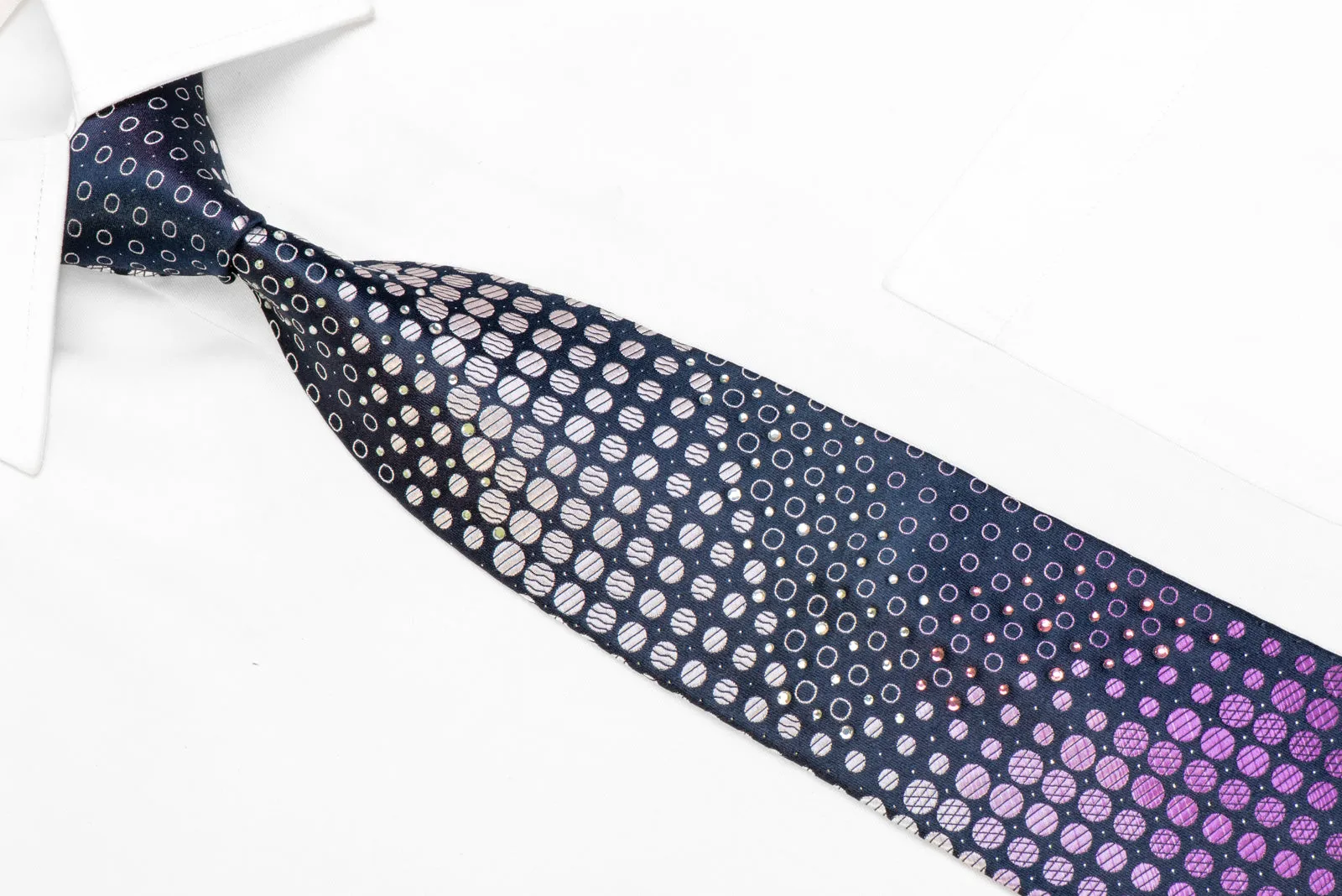 Purple Geometric On Navy Rhinestone Silk Necktie With Silver Sparkles