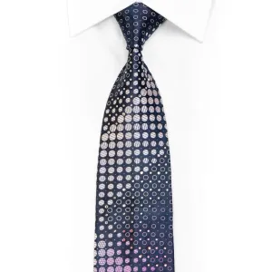 Purple Geometric On Navy Rhinestone Silk Necktie With Silver Sparkles