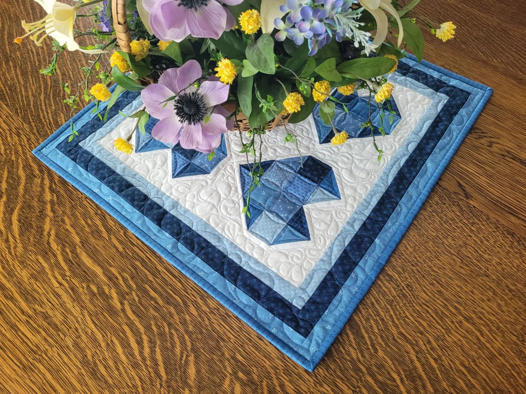 Quilted Table Topper with Patchwork Hearts