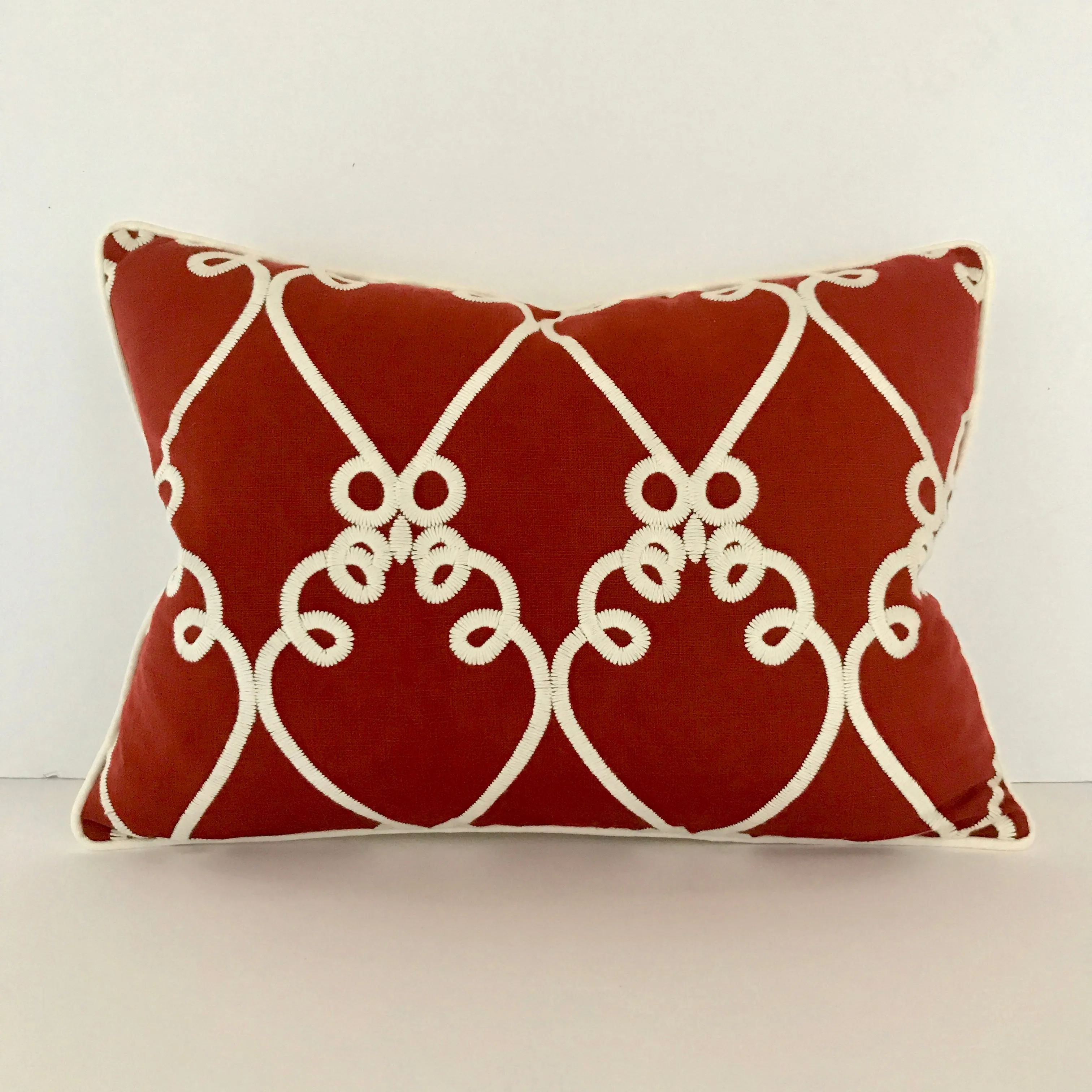 Red Embroidered Linen Welt Trim Lumbar Pillow Cover 16x22