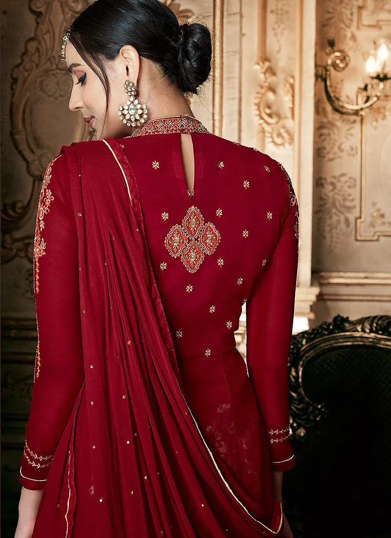 Red Floral Embroidered Traditional Anarkali Suit