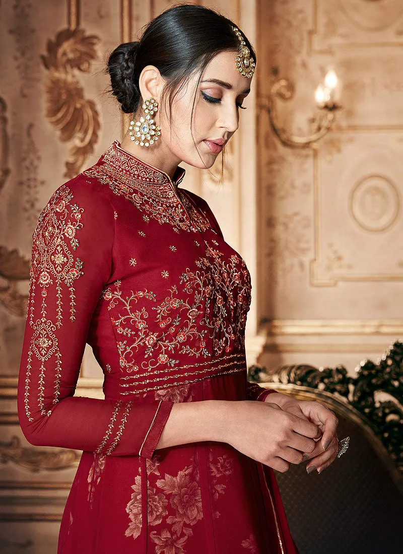 Red Floral Embroidered Traditional Anarkali Suit