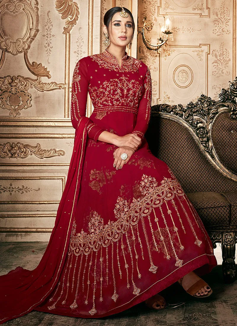 Red Floral Embroidered Traditional Anarkali Suit