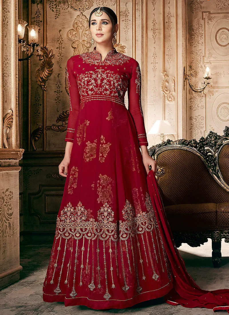 Red Floral Embroidered Traditional Anarkali Suit