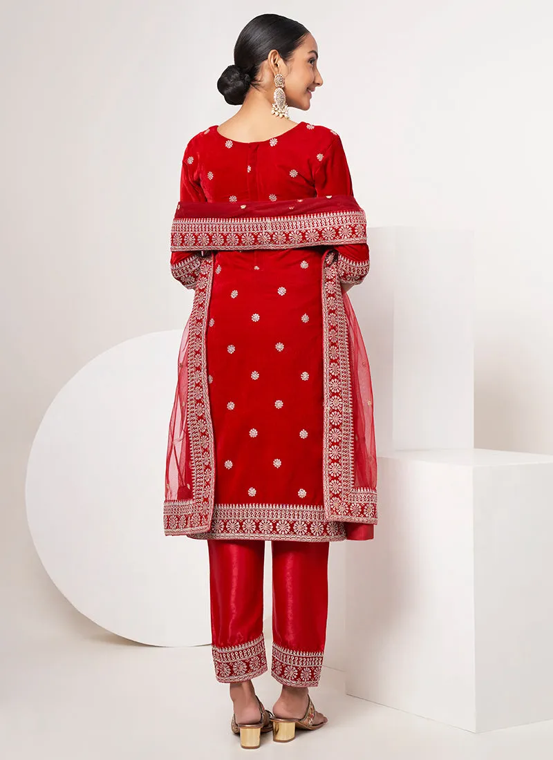 Red Traditional Embroidery Pant Style Suit